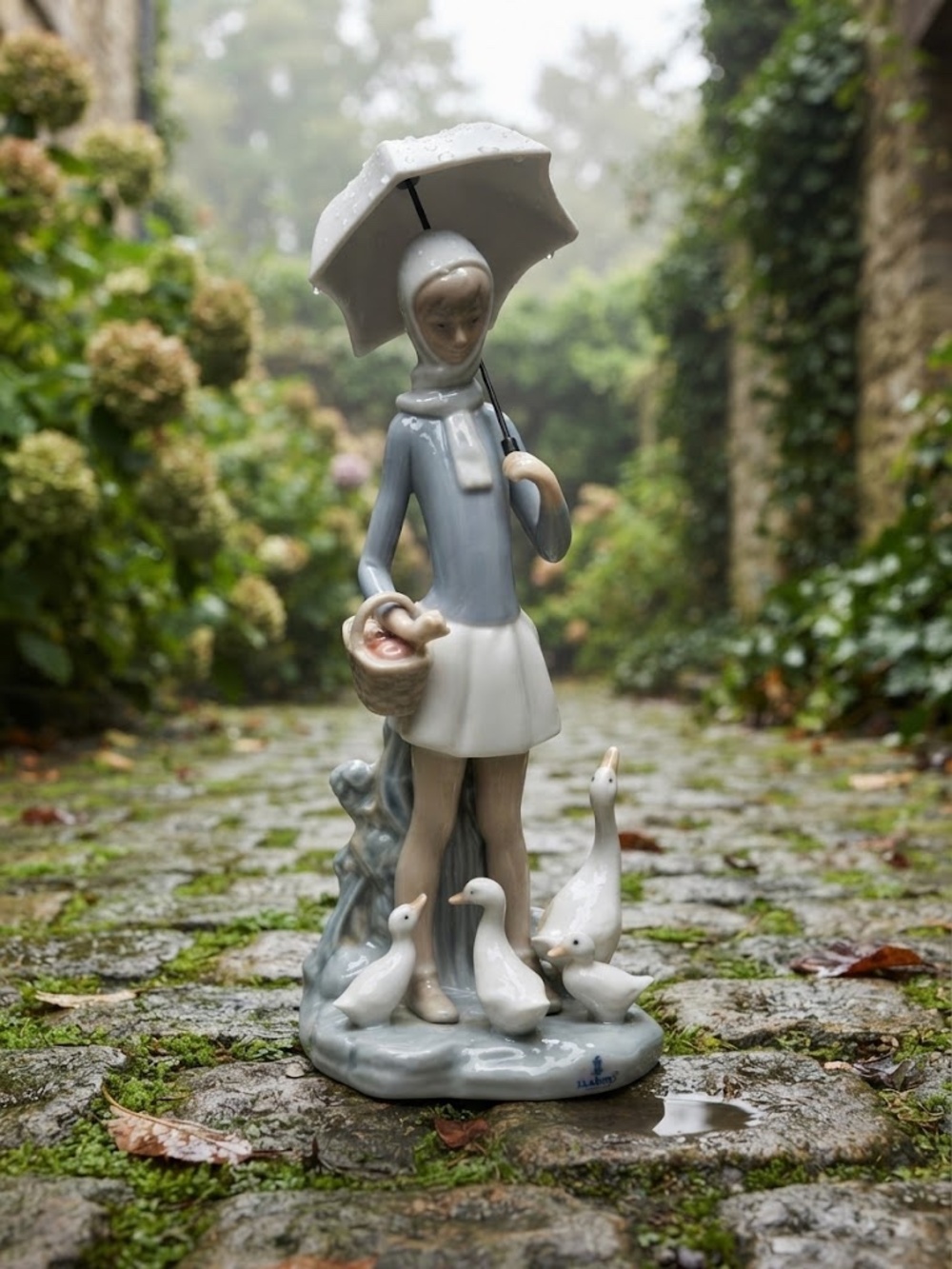 Lladro Figure #4510 Girl with Umbrella feeding Ducks 10 Inches Tall.